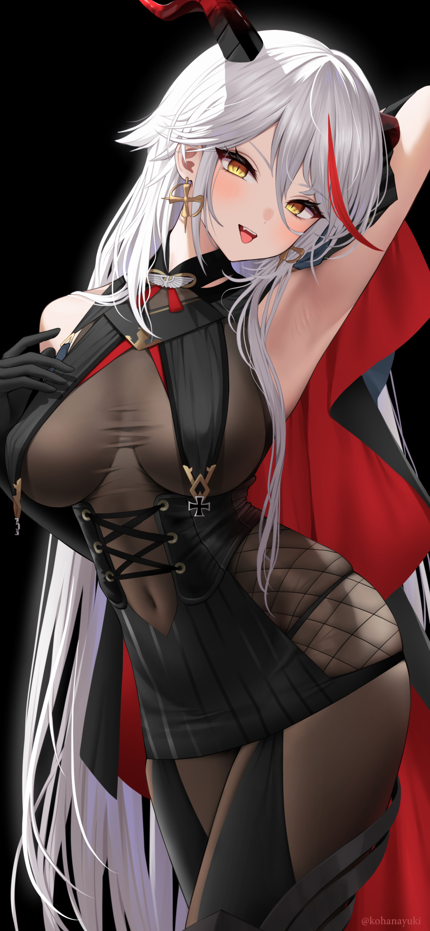 :d absurdres aegir_(azur_lane) arm_behind_head arm_up armpits azur_lane black_background black_gloves black_legwear black_skirt blush bodysuit bodysuit_under_clothes breasts cape commentary_request covered_navel cowboy_shot cross elbow_gloves eyebrows_visible_through_hair female fishnets garter_straps gloves hair_between_eyes head_tilt high-waist_skirt highres horns iron_cross kohanayuki large_breasts long_hair looking_at_viewer multicolored_hair open_mouth red_cape red_hair silver_hair simple_background skindentation skirt smile solo streaked_hair teeth thighhighs tongue tongue_out twitter_username two-tone_hair upper_teeth very_long_hair yellow_eyes