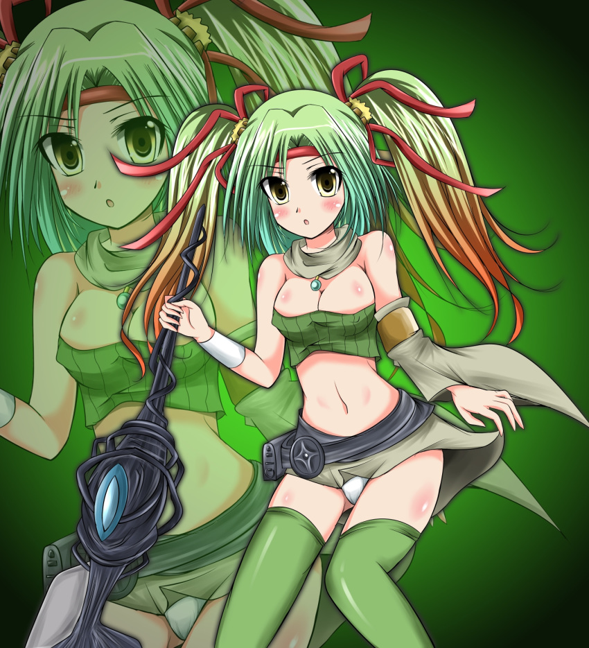 :o alternate_eye_color andrew_(duel_angel) armlet bare_shoulders belt_pouch blush breasts cleavage commentary_request detached_sleeves duel_monster female fur gradient_background gradient_hair green_background green_eyes green_hair green_legwear green_skirt hair_ribbon hairband highres holding holding_staff long_hair looking_at_viewer medallion medium_breasts midriff miniskirt multicolored_hair multiple_views navel orange_hair panties pantyshot parted_hair photoshop_(medium) pouch red_headwear reeze_whirlwind_of_gusto ribbon scarf single_detached_sleeve skirt staff standing strapless thighhighs tube_top twintails underwear white_panties yellow_eyes yu-gi-oh! zettai_ryouiki zoom_layer