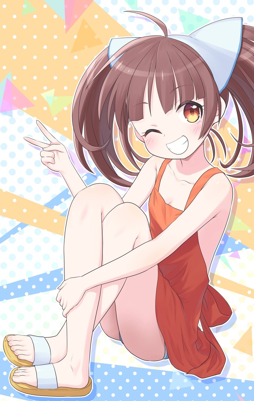 ahoge armpit_crease backless_dress backless_outfit blue_shorts blunt_bangs blush breasts brown_hair clenched_teeth collarbone commission crossed_legs dress eyelashes feet female full_body hand_on_own_leg hand_up head_tilt highres legs on_ground one_eye_closed orange_dress patterned_background sandals shorts shorts_under_dress sitting skeb_commission sleeveless sleeveless_dress small_breasts solo sound_voltex teeth thighs toenails toes twintails v yama_tatsuo yamashina_kanade