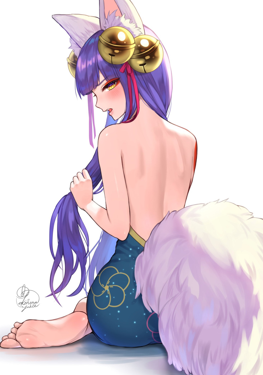 animal_ears back bangs bare_back bare_shoulders barefoot bell blunt_bangs commentary_request daji_(monster_strike) feet female fox_ears fox_tail from_behind hair_bell hair_ornament hair_ribbon highres kohanayuki long_hair looking_at_viewer looking_back monster_strike open_mouth purple_hair red_ribbon ribbon signature simple_background sitting soles solo tail white_background yellow_eyes