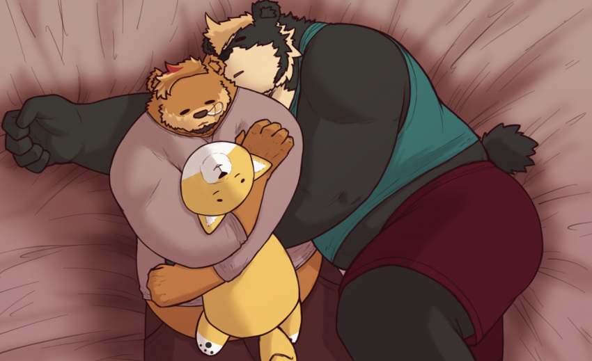 2020 alfredblaze anthro arctodus bear bed black_body black_fur black_nose bottomwear brown_body brown_fur closed_eyes clothing duo fur furniture humanoid_hands lying male mammal overweight overweight_male plushie roy_blake shirt short-faced_bear shorts sleeping spectacled_bear topwear