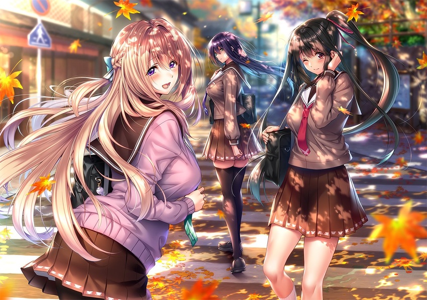 3girls amakano_2 black_hair black_legwear breasts brown_eyes brown_hair commentary_request dappled_sunlight himiyama_rei kurohime_yuuhi large_breasts leaf multiple_girls outdoors piromizu purple_eyes school_uniform skirt sunlight tsutamachi_chitose