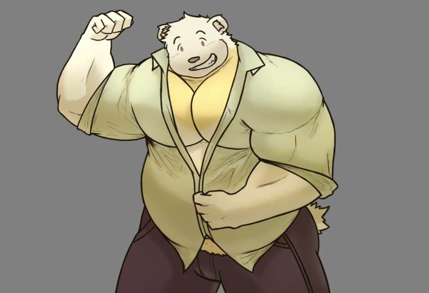 2020 alfredblaze american_black_bear anthro bear black_bear bottomwear chuck_(alfredblaze) clothing fur humanoid_hands kermode_bear male mammal musclegut muscular overweight overweight_anthro overweight_male pants shirt simple_background solo topwear ursine white_body white_fur