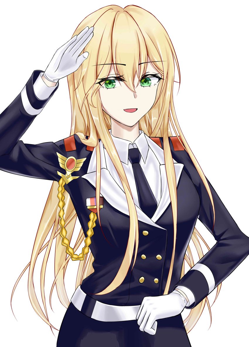 absurdres bad_id bad_pixiv_id belt black_jacket black_necktie blonde_hair breasts commentary female girls'_frontline gloves green_eyes hand_up highres jacket long_hair looking_at_viewer military military_uniform necktie one_smoke open_mouth salute shirt smile solo standing stg44_(girls'_frontline) uniform white_background white_gloves white_shirt