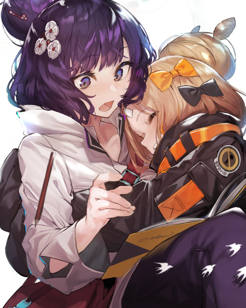 2girls abigail_williams_(fate) abigail_williams_(traveling_outfit)_(fate) akieda bag bandaid bandaid_on_face bandaid_on_forehead belt black_bow black_jacket blonde_hair blush book bow breasts closed_eyes commentary_request crossed_bandaids fate/grand_order fate_(series) flower forehead grin hair_bun hair_flower hair_ornament high_collar highres hug jacket katsushika_hokusai_(fate) katsushika_hokusai_(traveling_outfit)_(fate) long_hair long_sleeves multiple_bows multiple_girls official_alternate_costume open_book open_mouth orange_belt orange_bow parted_bangs pencil purple_eyes purple_hair short_hair shoulder_bag simple_background single_hair_bun sketchbook sleeves_past_fingers sleeves_past_wrists smile swept_bangs white_background