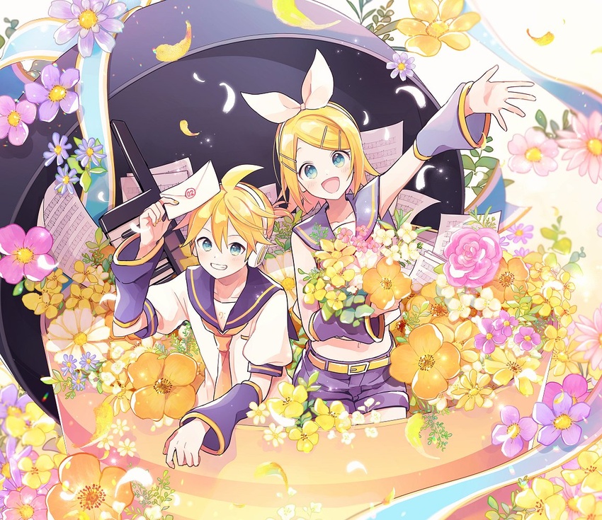 1boy anniversary arm_warmers black_sailor_collar blonde_hair blue_eyes blue_ribbon bouquet bow commentary container crop_top envelope female flower gold_trim grey_sailor_collar grey_shorts grin hair_ornament hairbow hairclip headphones holding holding_bouquet holding_envelope in_container kagamine_len kagamine_rin looking_at_viewer necktie open_mouth orange_flower outstretched_arm pink_flower purple_flower ribbon sailor_collar school_uniform sheet_music shirt short_hair short_ponytail short_shorts short_sleeves shorts sleeveless sleeveless_shirt smile spiked_hair standing suzumi_(fallxalice) swept_bangs vocaloid white_bow white_shirt yellow_flower yellow_necktie