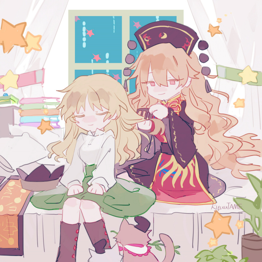 2girls animalization artist_name bed bedroom black_dress blonde_hair blush book boots brushing_another's_hair brushing_hair closed_eyes comb constellation_print curtains dress feline green_skirt hat highres junko_(touhou) kyuutame long_hair matara_okina multiple_girls nishida_satono on_bed pillow red_tabard ribbon shirt sitting skirt star_(symbol) tabard tabard_removed tate_eboshi teireida_mai touhou unworn_headwear very_long_hair white_shirt wide_sleeves window yellow_ribbon yokozuwari