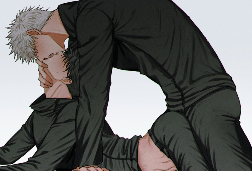 2boys arched_back ass black_hair black_jacket black_pants blush french_kiss fushiguro_megumi fushirun_rung gojou_satoru grabbing grabbing_from_behind head_back highres jacket jujutsu_kaisen kissing korean_commentary long_sleeves male_focus multiple_boys pants saliva school_uniform short_hair simple_background spiked_hair sweatdrop upside-down_kiss white_hair yaoi