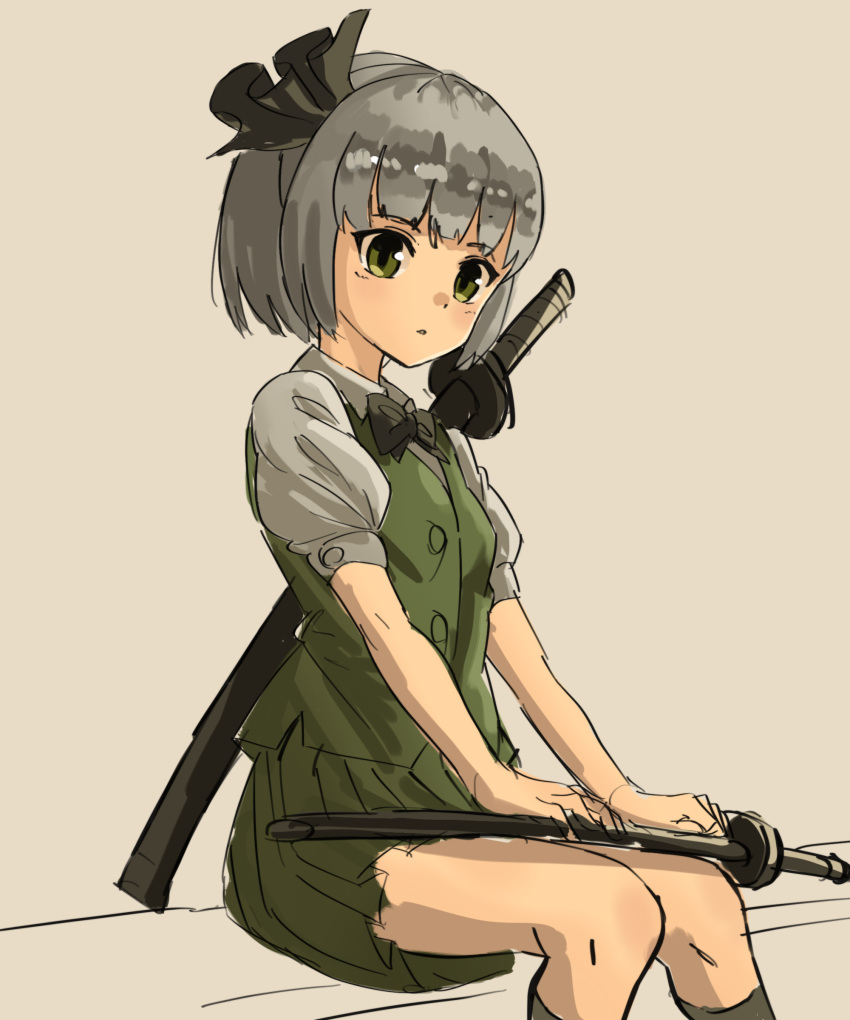 absurdres bad_id bad_pixiv_id black_bow black_bowtie black_ribbon bow bowtie breasts collared_shirt female green_eyes green_skirt green_vest grey_hair hair_ribbon highres katana konpaku_youmu legs_together miniskirt nob1109 pleated_skirt puffy_short_sleeves puffy_sleeves ribbon sheath sheathed shirt short_hair short_sleeves sitting skirt skirt_set small_breasts solo sword touhou vest weapon white_shirt