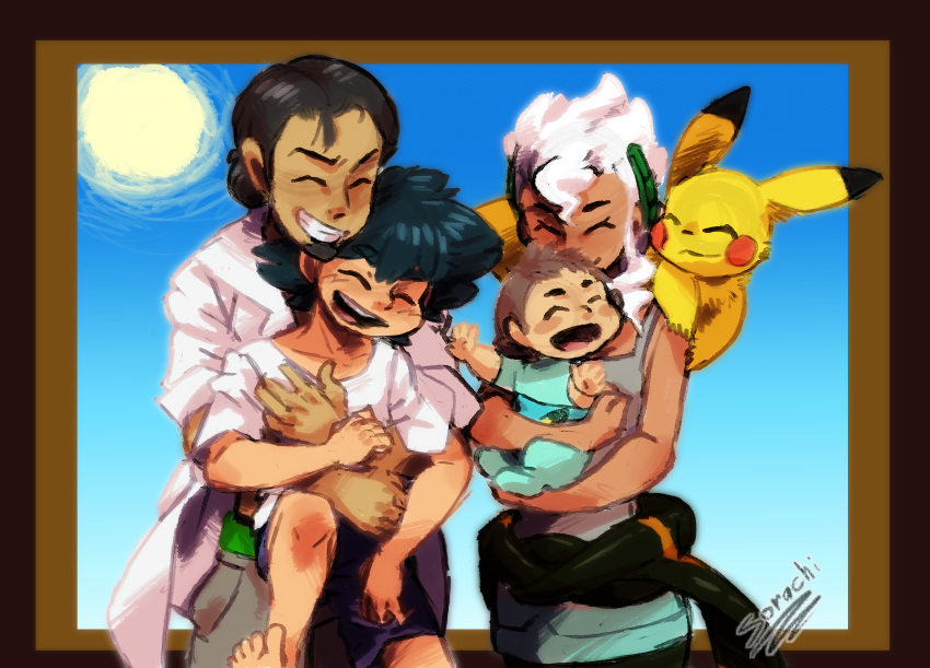 3boys bare_arms black_hair blush burnet_(pokemon) carrying clenched_teeth closed_eyes closed_mouth collarbone commentary dark-skinned_male dark_skin day female grey_pants highres hug hug_from_behind kukui_(pokemon) lab_coat lei_(pokemon) looking_back multiple_boys on_shoulder open_mouth pants pikachu pokemon pokemon_(anime) pokemon_(creature) pokemon_journeys pokemon_on_shoulder pokemon_sm_(anime) satoshi_(pokemon) shirt short_sleeves shorts signature sleeves_rolled_up smile sorachi_(kimyonetwins) spoilers sun t-shirt teeth tongue white_hair white_shirt