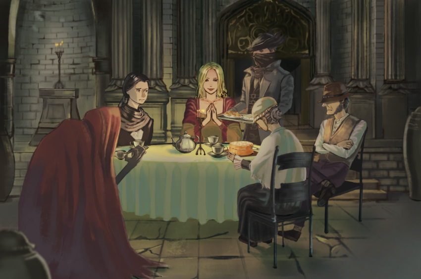 3boys 3girls adella_the_nun arianna_(bloodborne) black_hair blonde_hair bloodborne breasts cake cloak cup food grey_hair hat hunter_(bloodborne) lonely_old_woman_(bloodborne) mask multiple_boys multiple_girls oedon_chapel_dweller onigawara_(kiki) skeptical_man_(bloodborne) teacup teapot tricorne