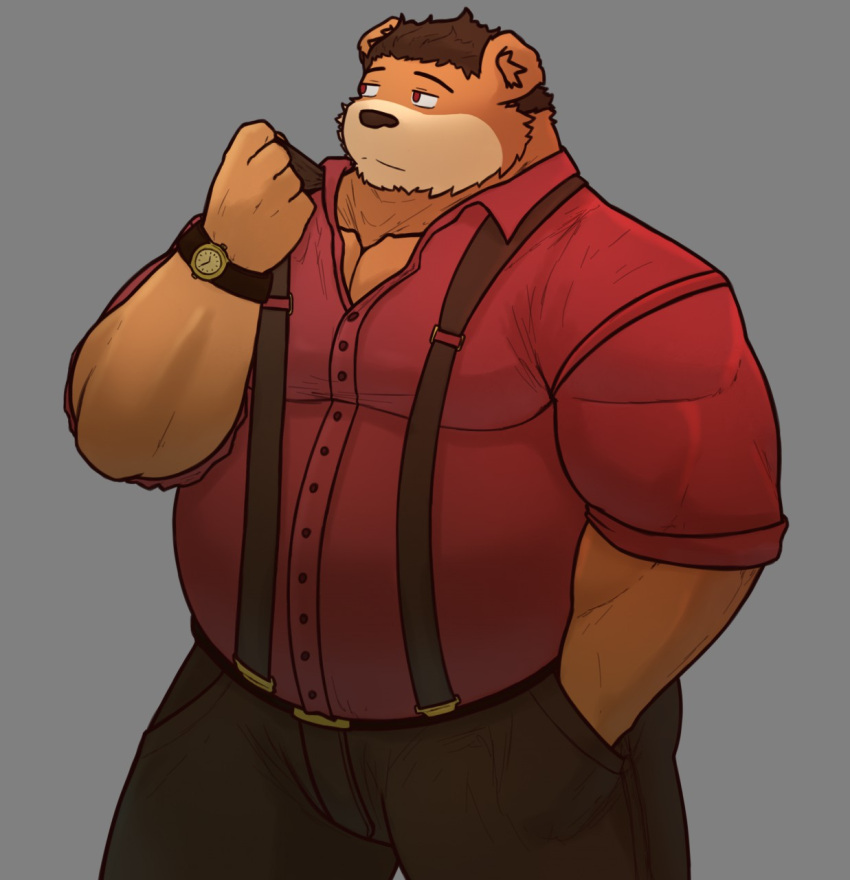 2020 alfredblaze anthro bear black_nose bottomwear brown_body brown_fur clothing fur hank_(alfredblaze) hi_res humanoid_hands male mammal overweight overweight_anthro overweight_male pants shirt simple_background solo topwear