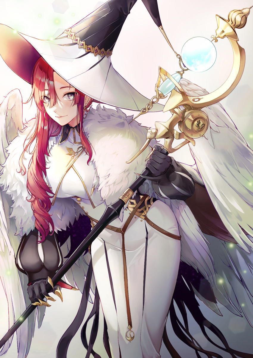 bird_wings dress earrings fate/grand_order fate_(series) feather_boa female hat highres holding holding_staff jewelry long_dress long_hair mentaikopan miss_crane_(fate) miss_crane_(second_ascension)_(fate) red_hair solo staff wings witch_hat