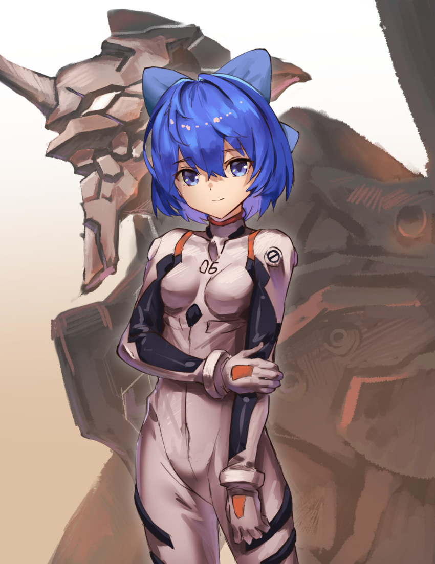 ayanami_rei ayanami_rei_(cosplay) bad_id bad_pixiv_id blue_bow blue_eyes blue_hair bodysuit bow cirno closed_mouth cookie_(touhou) cosplay cowboy_shot eva_01 female gradient_background hair_between_eyes hairbow hand_on_own_arm highres kurikinton_(cookie) legs_apart mecha neon_genesis_evangelion no_wings nob1109 pilot_suit plugsuit robot science_fiction short_hair smile solo touhou