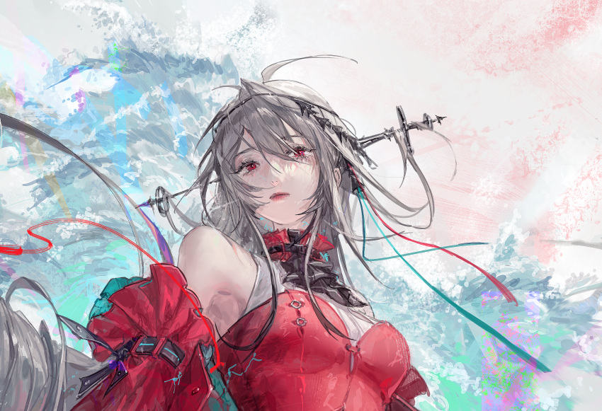 ahoge arknights bare_shoulders closed_mouth commentary cropped cropped_legs female frills hair_between_eyes hair_ribbon highres kurikabacha lipstick long_hair looking_at_viewer makeup official_alternate_costume red_eyes red_lips ribbon skadi_(arknights) skadi_the_corrupting_heart_(arknights) solo upper_body