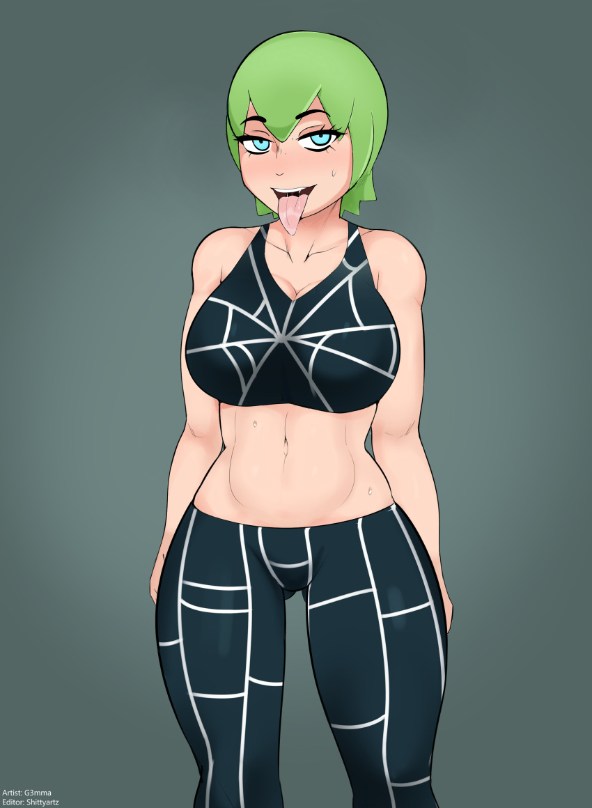 1girls ahe_gao atroe belly belly_button blue_eyes blush canodiablo_editor cleavage clothed clothing edit eyebrows_visible_through_hair female female_only foo_fighters fully_clothed g3mma green_hair jojo's_bizarre_adventure jolyne_kujo_(cosplay) open_mouth sfw simple_background solo stone_ocean sweatdrop thick_thighs tongue tongue_out watermark