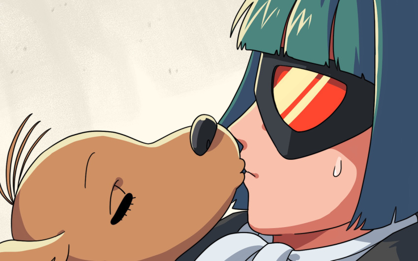 1boy animal ascot black-framed_eyewear brown_dog canine eyelashes from_side green_hair grey_background grey_hair highres husagin kissing kissing_animal male_focus rainbow_parakeet rainbow_parakeet_(character) short_hair sunglasses sweatdrop tinted_eyewear white_ascot