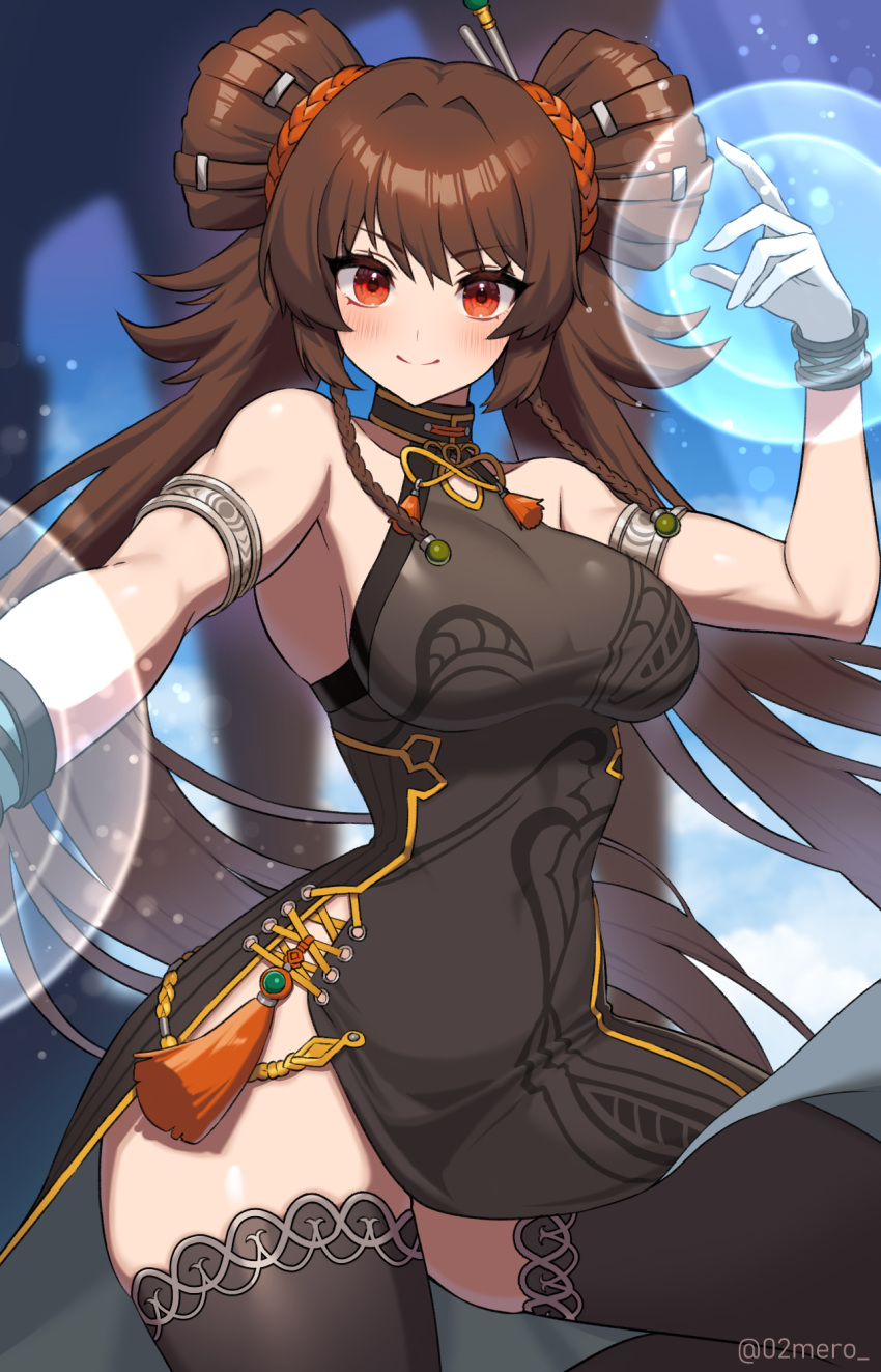 armlet black_dress bracelet brown_hair china_dress chinese_clothes covered_navel dnf_duel double_bun dress dungeon_and_fighter female fighter_(dungeon_and_fighter) hair_bun highres jewelry looking_at_viewer nen_master_(dungeon_and_fighter) orange_eyes solo usamero