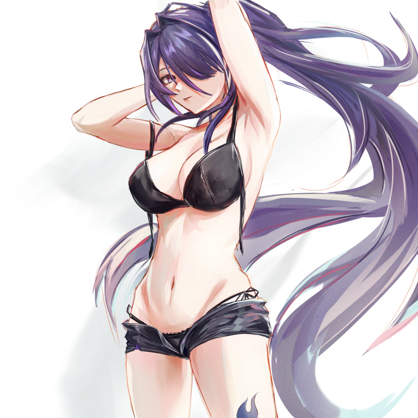 absurdres acheron_(honkai:_star_rail) armpits arms_up black_bra black_panties black_shorts bra breasts commentary cowboy_shot female highres honkai:_star_rail honkai_(series) large_breasts long_hair looking_at_viewer mikasciii navel open_bra open_fly panties ponytail purple_eyes purple_hair short_shorts shorts solo standing stomach thighs underwear very_long_hair