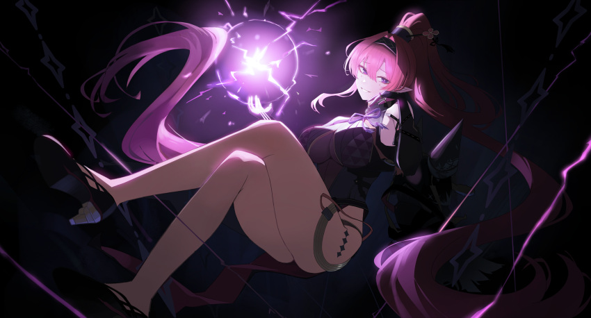 absurdres bare_shoulders black_gloves black_hairband breasts bright_pupils crossed_legs dress earrings elbow_gloves electricity female gloves hair_between_eyes hair_ornament hairband high_ponytail highres jewelry large_breasts long_hair looking_at_viewer orb oro_(lsg0624) pointy_ears red_hair smile solo tacet_mark_(wuthering_waves) thighs very_long_hair wuthering_waves yinlin_(wuthering_waves)