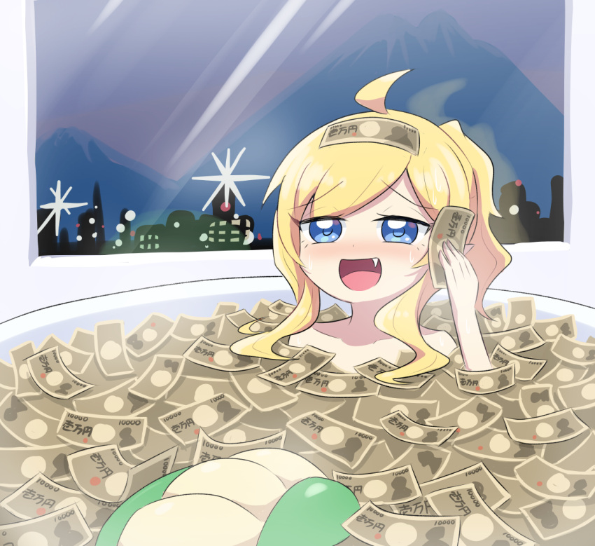 banknote bathtub blonde_hair blue_eyes blush collarbone commentary_request dot_nose female holding holding_money jashin-chan jashin-chan_dropkick lamia long_hair money money_bath monster_girl oerba_yun_fang open_mouth ponytail shadow_(modeler3622) solo