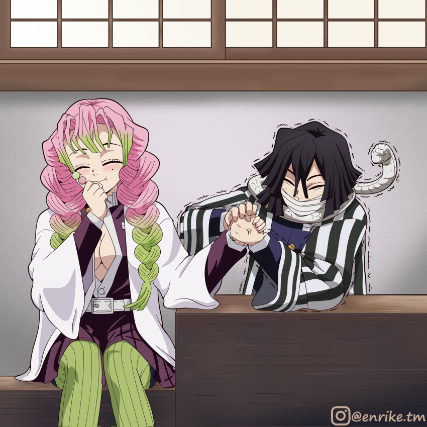 1boy arm_wrestling black_hair black_skirt braid breasts cleavage closed_eyes dango eating english_commentary female food green_hair hair_between_eyes highres holding holding_food iguro_obanai indoors kanroji_mitsuri kimetsu_no_yaiba large_breasts long_hair medium_hair multicolored_hair pink_hair pleated_skirt sitting skirt smile snake snake_wrapped_around_neck tm_enrike trembling twin_braids veins veiny_hands wagashi white_snake