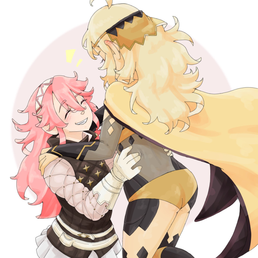 2girls blonde_hair blush bridal_gauntlets cape closed_eyes english_commentary fire_emblem fire_emblem_fates gambeson gloves hair_between_eyes hairband highres holding lifting_person long_hair long_sleeves multiple_girls occultoctoling ophelia_(fire_emblem) pink_hair smile soleil_(fire_emblem) teeth white_gloves white_hairband yellow_cape yuri