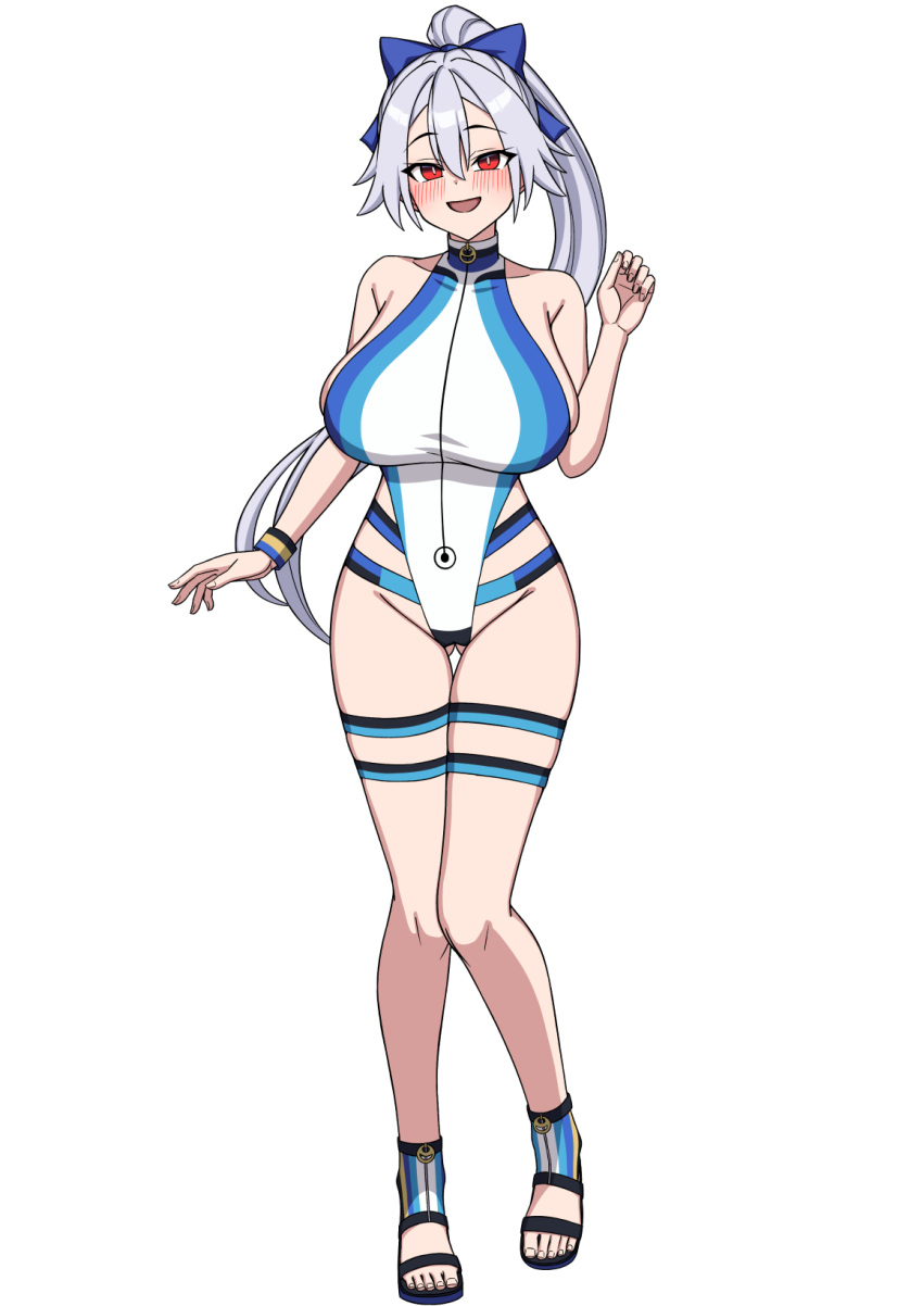 bare_shoulders blue_bow blue_one-piece_swimsuit bow breasts fate/grand_order fate_(series) female full_body hair_between_eyes hairbow highleg highleg_swimsuit highres large_breasts long_hair looking_at_viewer muta_poo one-piece_swimsuit open_mouth ponytail red_eyes sandals smile solo swimsuit thigh_strap tomoe_gozen_(fate) tomoe_gozen_(swimsuit_saber)_(fate) tomoe_gozen_(swimsuit_saber)_(first_ascension)_(fate) two-tone_swimsuit white_hair white_one-piece_swimsuit wristband