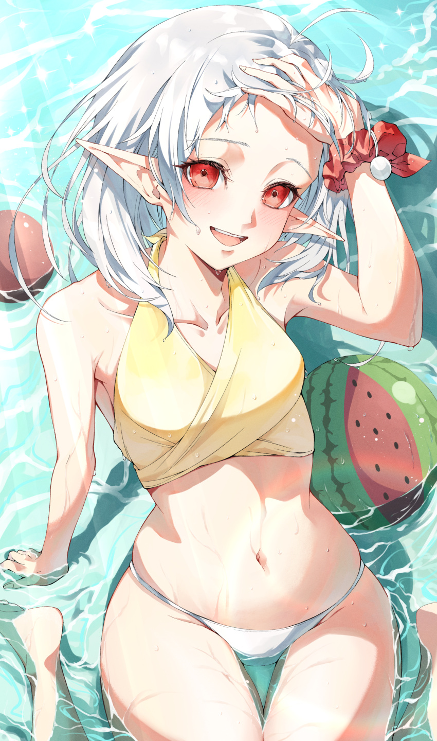 absurdres ahoge blush breasts elf female food fruit highres looking_at_viewer mushoku_tensei navel ocean official_alternate_hair_length official_alternate_hairstyle open_mouth pointy_ears red_eyes saico_isshin short_hair small_breasts smile solo swimsuit sylphiette_(mushoku_tensei) watermelon wet white_hair