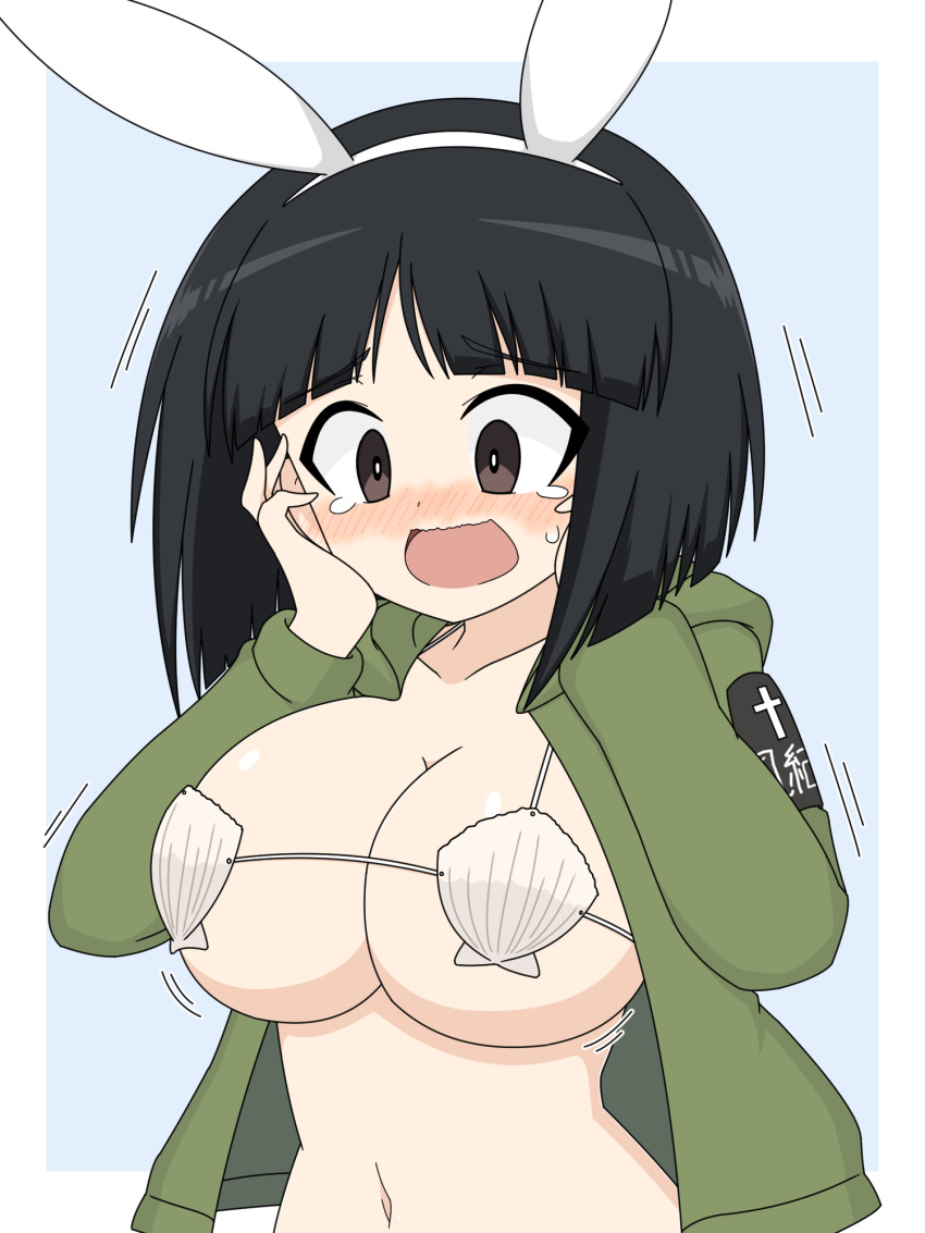 armband black_eyes blue_background blunt_bangs blunt_ends blush bob_cut breasts commentary_request female girls_und_panzer gotou_moyoko green_hoodie hands_on_own_face highres hood hood_down hoodie ichinose_jun large_breasts long_sleeves looking_at_viewer medium_hair navel open_clothes open_hoodie open_mouth partial_commentary shell shell_bikini smile solo tearing_up upper_body