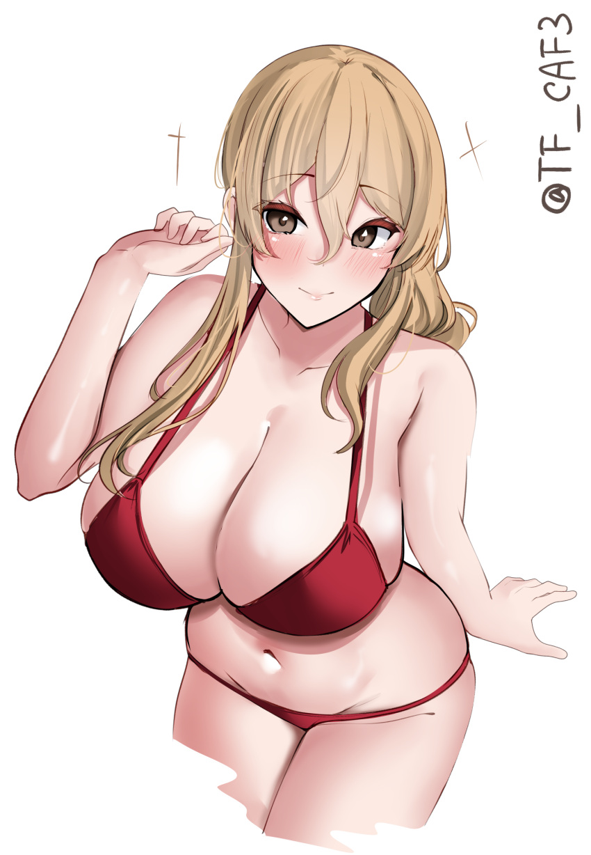 bikini blonde_hair blush breasts brown_eyes brown_hair commentary_request female highres kantai_collection large_breasts littorio_(kancolle) long_hair looking_at_viewer official_alternate_costume one-hour_drawing_challenge ponytail red_bikini smile solo swimsuit tf_cafe twitter_username wavy_hair