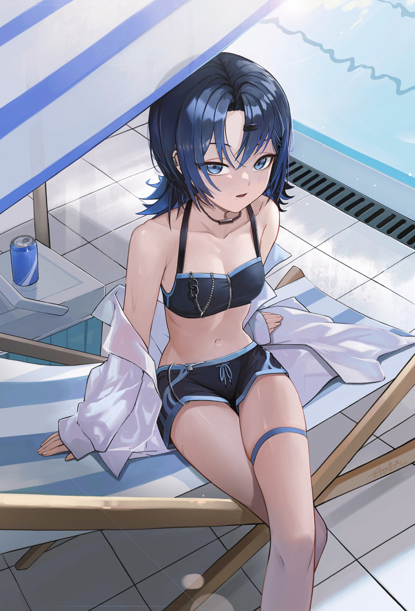 anizi bikini bikini_shorts blue_bikini blue_eyes blue_hair blue_swim_trunks breasts can commentary_request cooler crossed_legs day deck_chair drink_can feet_out_of_frame female hair_ornament hairclip halterneck highres hiodoshi_ao hololive hololive_dev_is jewelry looking_at_viewer male_swimwear medium_hair mole mole_under_mouth necklace off_shoulder open_clothes open_mouth open_shirt outdoors pool poolside shirt shorts sitting sleeves_past_wrists small_breasts solo swimsuit thigh_strap tile_floor tiles virtual_youtuber white_shirt zipper