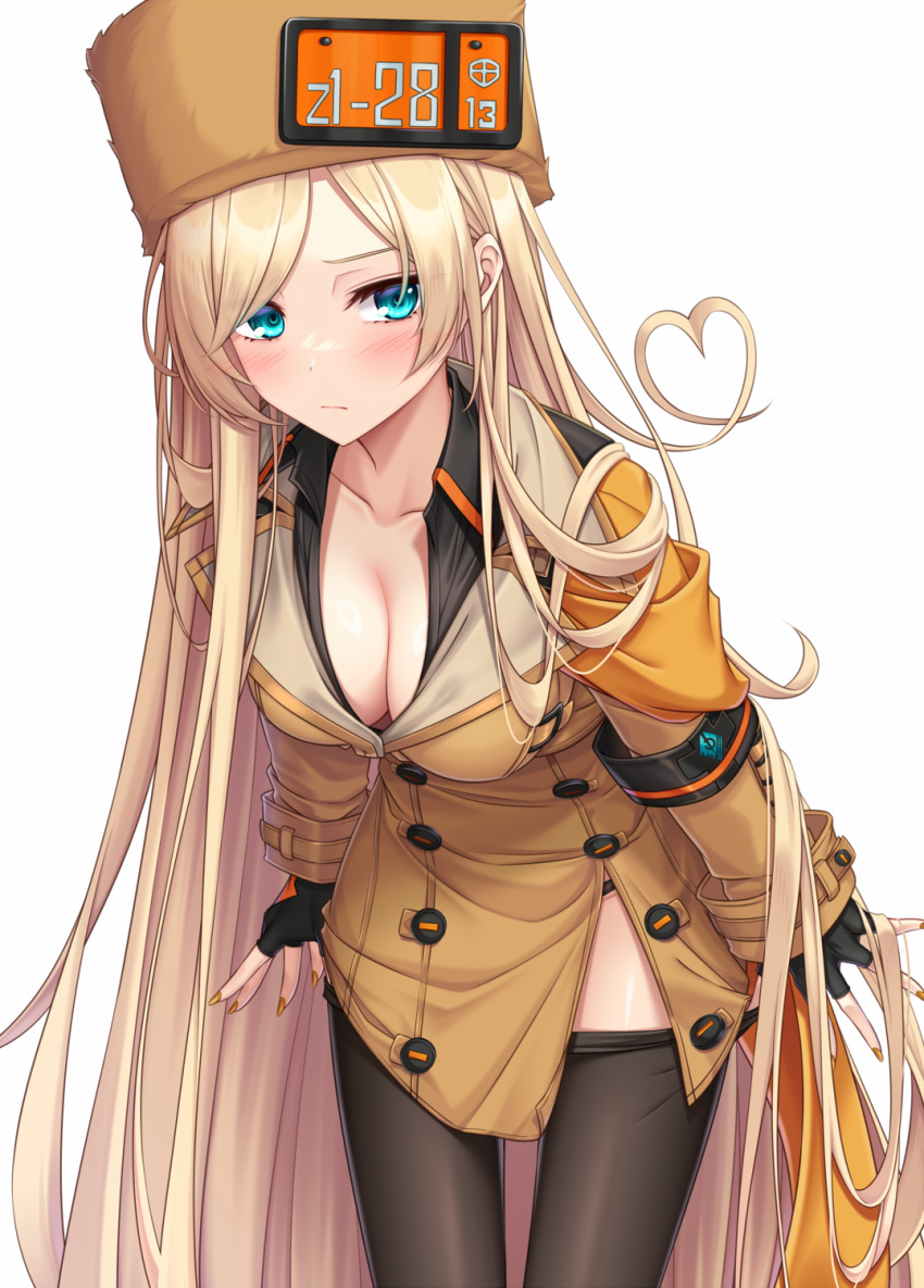 black_gloves black_panties black_pantyhose blonde_hair blue_eyes blush breasts brown_dress brown_hat cleavage closed_mouth clothes_pull collarbone commentary_request dress female fingerless_gloves fur_hat gloves guilty_gear guilty_gear_strive hat heart heart_hair highres long_hair long_sleeves medium_breasts millia_rage panties pantyhose pantyhose_pull pulling_own_clothes simple_background sleeves_past_wrists solo standing swept_bangs underwear very_long_hair white_background yoye_(pastel_white)