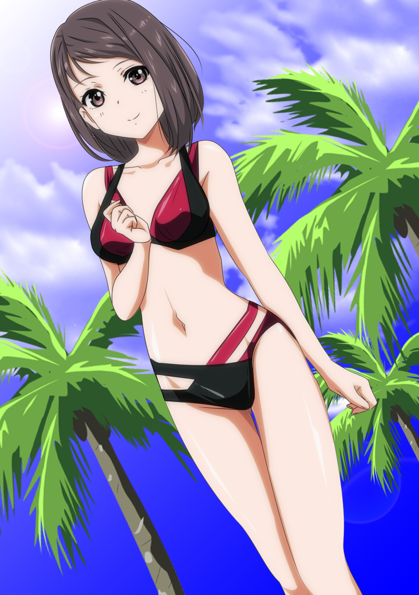 22/7 bikini closed_mouth collarbone feet_out_of_frame female from_below gentoku grey_eyes grey_hair hand_on_own_chest highres hiiragi_tsubomi looking_at_viewer medium_hair multicolored_bikini multicolored_clothes navel outdoors palm_tree smile solo standing swimsuit tree