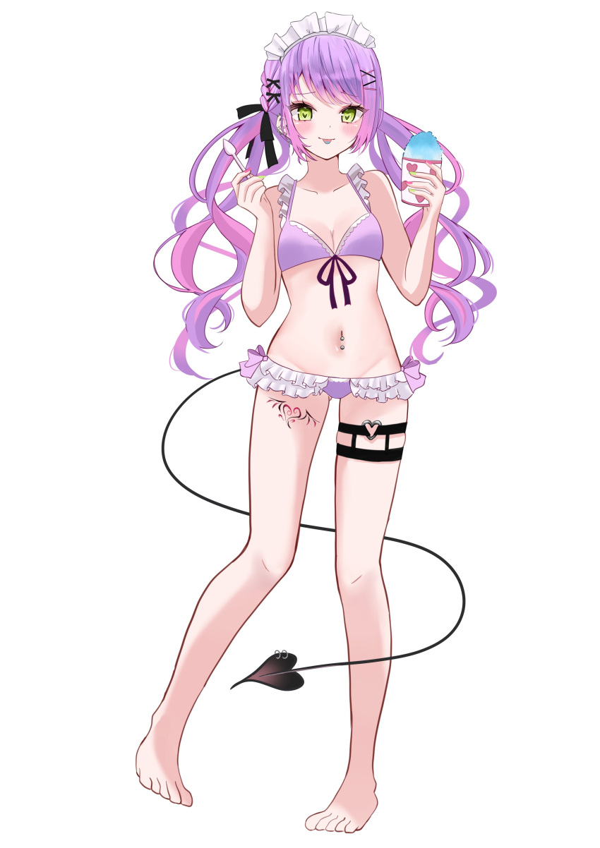 absurdres bare_shoulders bikini breasts cleavage collarbone demon_girl demon_tail female food full_body green_eyes highres holding holding_food holding_ice_cream holding_spoon hololive ice_cream leg_tattoo long_hair medium_breasts oyuharu purple_bikini purple_hair solo spoon swimsuit tail tattoo tokoyami_towa twintails virtual_youtuber winged_heart_tattoo