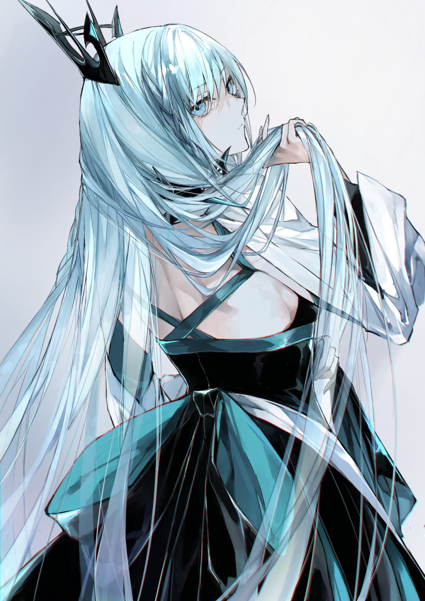 back black_dress blue_eyes breasts dress fate/grand_order fate_(series) female grey_hair highres kino_kokko large_breasts long_hair long_sleeves looking_at_viewer looking_back morgan_le_fay_(fate) solo tiara two-tone_dress very_long_hair white_dress wide_sleeves