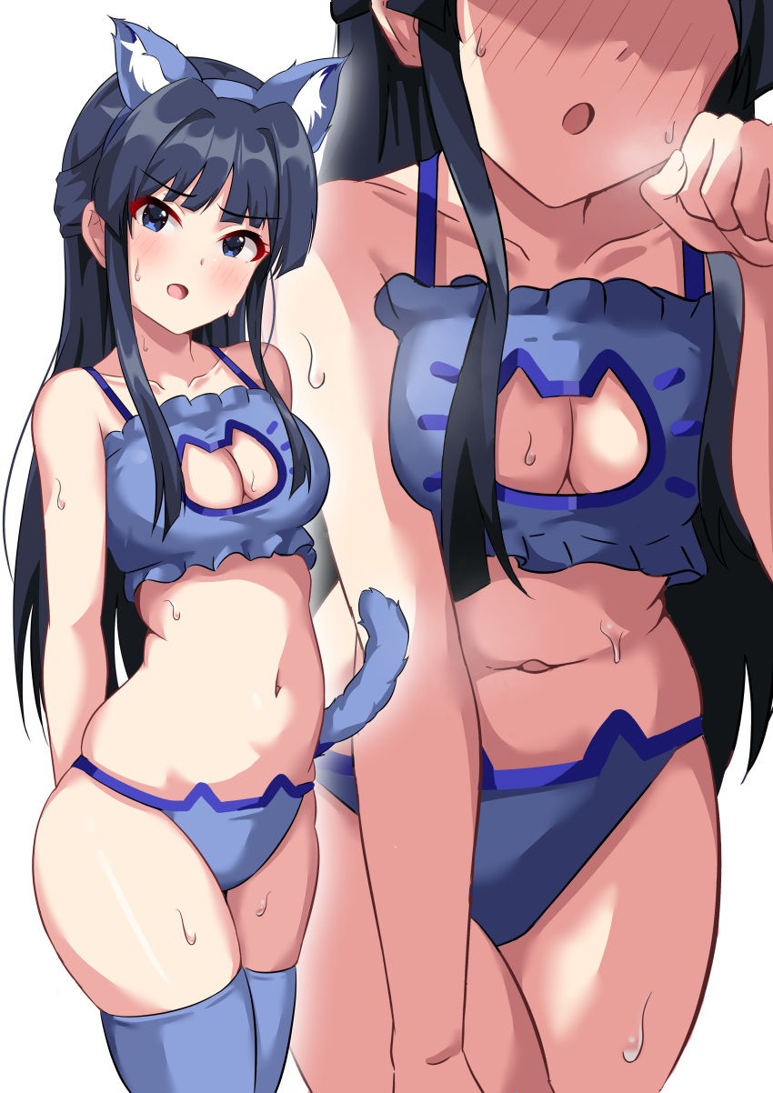 :o absurdres animal_ear_fluff animal_ears arm_at_side bare_arms bare_shoulders black_hair blue_bra blue_eyes blue_hairband blue_panties blue_thighhighs blunt_bangs blunt_ends blush bra breasts cat_cutout cat_ear_panties cat_ears cat_lingerie cat_tail cleavage cleavage_cutout clenched_hand clothing_cutout collarbone cowboy_shot embarrassed fake_animal_ears female frilled_bra frills hair_intakes hairband half_updo hand_on_own_thigh hand_up highres idolmaster idolmaster_million_live! itou_souta leaning_forward long_hair looking_at_viewer medium_breasts meme_attire mogami_shizuka multiple_views navel nose_blush open_mouth panties paw_pose sidelocks simple_background skindentation straight_hair sweat tail thighhighs underwear v-shaped_eyebrows white_background