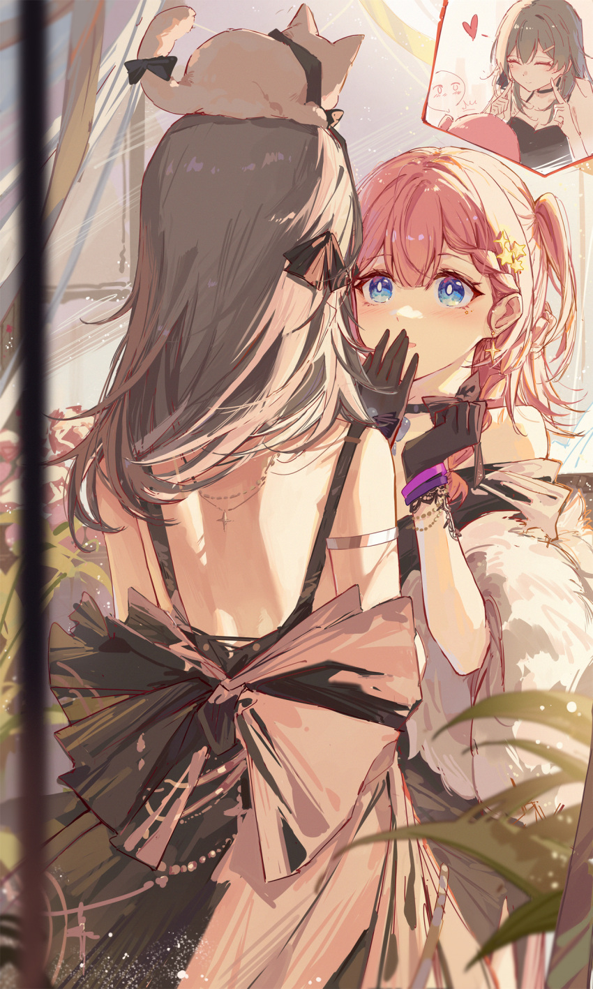 2girls asta_(honkai:_star_rail) back_bow backless_dress backless_outfit bare_shoulders black_bow black_gloves blue_eyes bow bracelet closed_eyes closed_mouth dress earrings from_behind gloves grey_hair hair_ornament heart highres honkai:_star_rail honkai_(series) jewelry long_hair looking_at_another medium_hair multiple_girls multiple_views parted_lips peppy_(honkai:_star_rail) pink_hair smile star_(symbol) star_hair_ornament stelle_(honkai:_star_rail) trailblazer_(honkai:_star_rail) yajuu