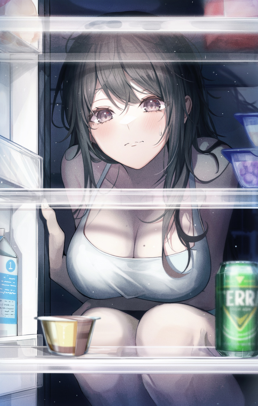 absurdres beer_can black_hair blush breasts camisole can cleavage commentary drink_can female food gongha highres large_breasts long_hair looking_at_object milk_carton mole mole_on_breast original pudding refrigerator_interior solo squatting white_camisole