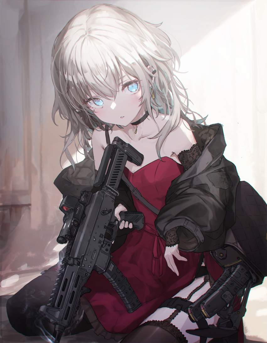 absurdres aqua_eyes assault_rifle bare_shoulders black_choker black_jacket black_thighhighs blush breasts choker dress female garter_straps gun highres holding_weapon_with_feet holster jacket long_hair looking_at_viewer off_shoulder oota_youjo original red_dress rifle side_slit sitting small_breasts solo strapless strapless_dress thigh_holster thighhighs wariza weapon white_hair