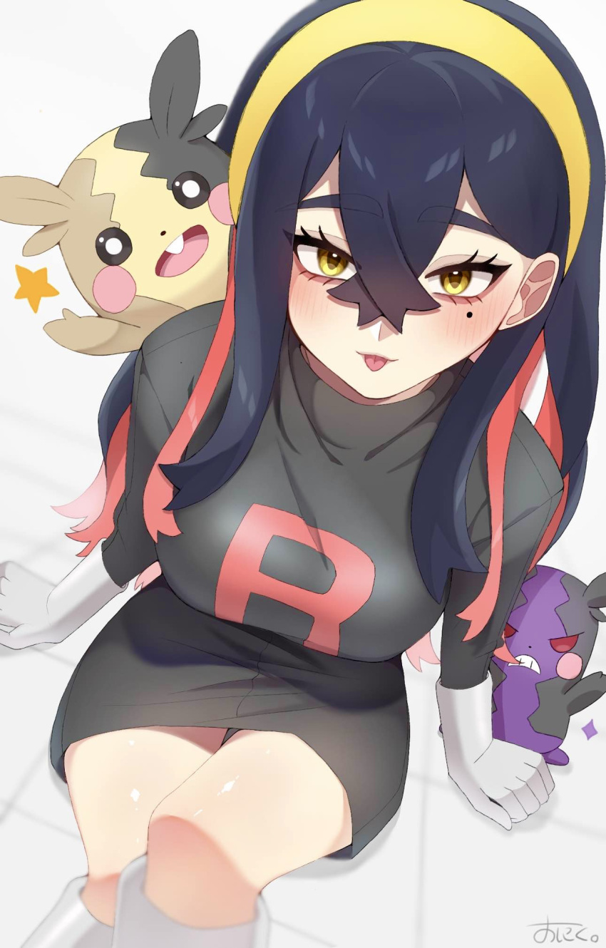 black_hair blush boots breasts carmine_(pokemon) closed_mouth commentary_request crossed_bangs dress eyelashes female from_above gloves hair_behind_ear hair_between_eyes hairband highres knee_boots logo long_hair looking_at_viewer looking_up mole mole_under_eye morpeko morpeko_(full) morpeko_(hangry) ninkou_tan pokemon pokemon_(creature) pokemon_sv shiny_skin sitting smile star_(symbol) team_rocket team_rocket_uniform tongue tongue_out yellow_eyes yellow_hairband