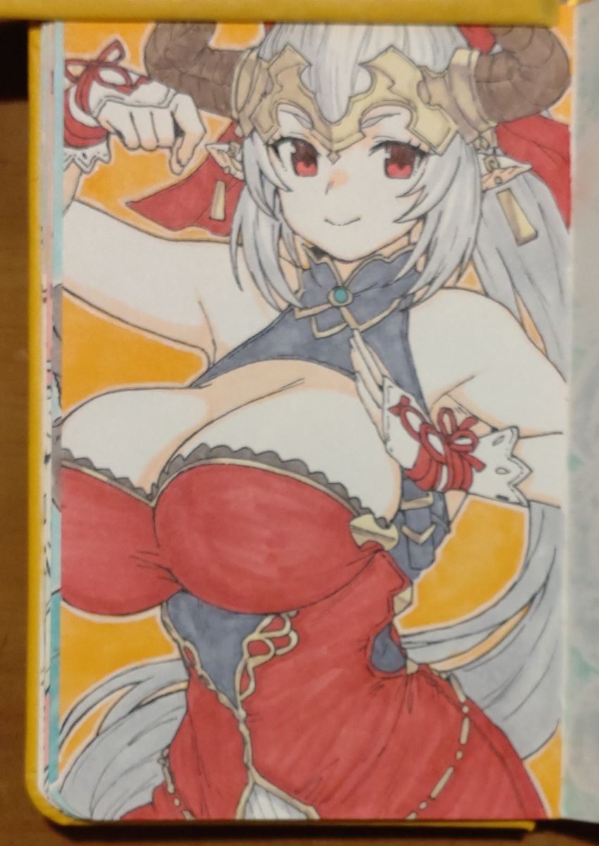 aliza_(granblue_fantasy) bow breasts cleavage draph dress female granblue_fantasy grey_hair hair_pulled_back hairbow headpiece high_ponytail highres horns houtengeki large_breasts marker_(medium) pointy_ears red_dress red_eyes solo traditional_media