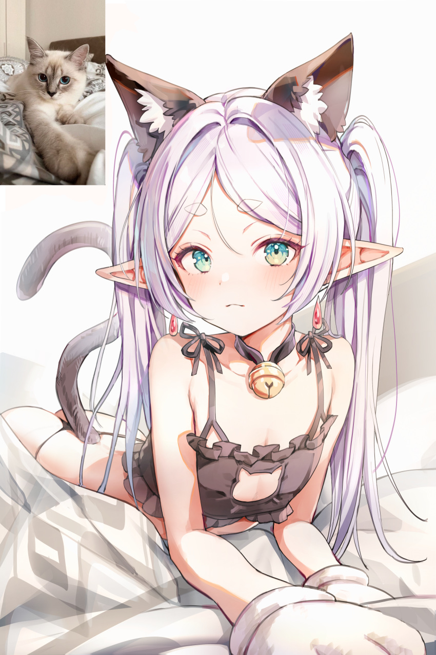 absurdres animal_ears animal_hands ass bell black_bra black_choker black_panties bra cat_ears cat_girl cat_lingerie cat_tail choker collarbone elf female frieren gloves green_eyes highres jingle_bell kemonomimi_mode long_hair looking_at_viewer lying meme_attire misyune neck_bell on_stomach panties paw_gloves petite photo-referenced pointy_ears sousou_no_frieren tail twintails underwear underwear_only white_gloves white_hair