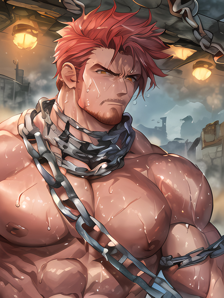 1boy abs ai_generated bara bare_pectorals beard biceps bound bound_wrists broken broken_chain brown_hair chain_necklace chained chains chest_hair chest_harness collar completely_nude cuffs cum_on_boy cum_on_pectorals facial_hair hair_strand hairy handcuffs happy_sex harness large_pectorals male_focus mature_male metal_collar muscular muscular_male navel_hair nipples non-nude pectoral_grab pectoral_press pectorals prison_clothes short_hair sideburns slave solo solo_male stable_diffusion stomach stubble thick_thighs thighs topless_male upper_body yaoi