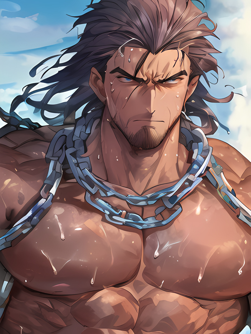 1boy abs ai_generated bara bare_pectorals beard biceps bound bound_wrists broken broken_chain brown_hair chain_necklace chained chains chest_hair chest_harness collar completely_nude cuffs cum_on_boy cum_on_pectorals facial_hair hair_strand hairy handcuffs happy_sex harness large_pectorals male_focus mature_male metal_collar muscular muscular_male navel_hair nipples non-nude pectoral_grab pectoral_press pectorals prison_clothes short_hair sideburns slave solo solo_male stable_diffusion stomach stubble thick_thighs thighs topless_male upper_body yaoi