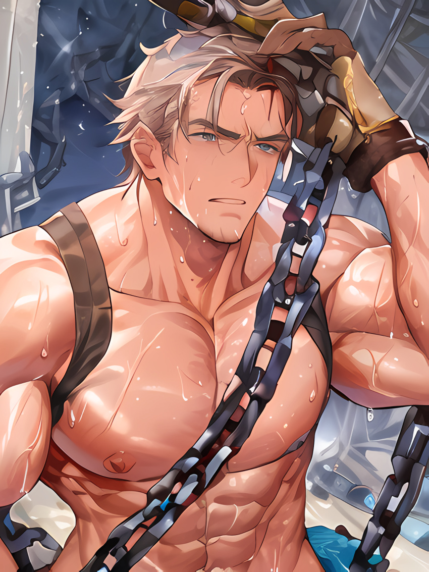 1boy abs ai_generated bara bare_pectorals beard biceps bound bound_wrists broken broken_chain brown_hair chain_necklace chained chains chest_hair chest_harness collar completely_nude cuffs cum_on_boy cum_on_pectorals facial_hair hair_strand hairy handcuffs happy_sex harness large_pectorals male_focus mature_male metal_collar muscular muscular_male navel_hair nipples non-nude pectoral_grab pectoral_press pectorals prison_clothes short_hair sideburns slave solo solo_male stable_diffusion stomach stubble thick_thighs thighs topless_male upper_body yaoi