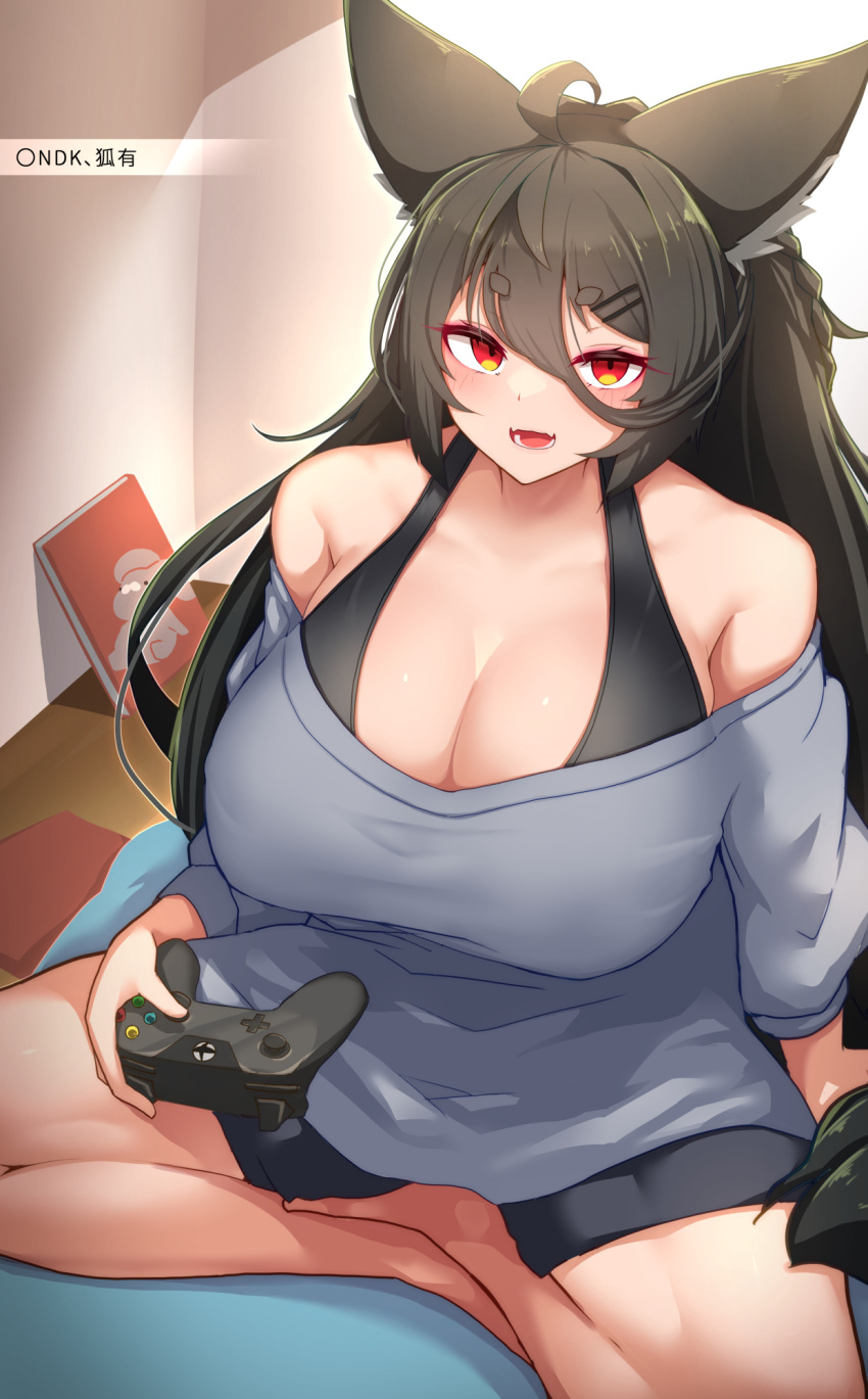 ahoge animal_ear_fluff animal_ears black_hair black_sports_bra book breasts controller female fox_ears fox_girl fox_tail game_controller grey_shirt hair_ornament hairclip highres holding holding_controller holding_game_controller kanaya_azami large_breasts long_hair off-shoulder_shirt off_shoulder open_mouth red_eyes shirt short_eyebrows sitting solo sports_bra tail tylwing ukagaka