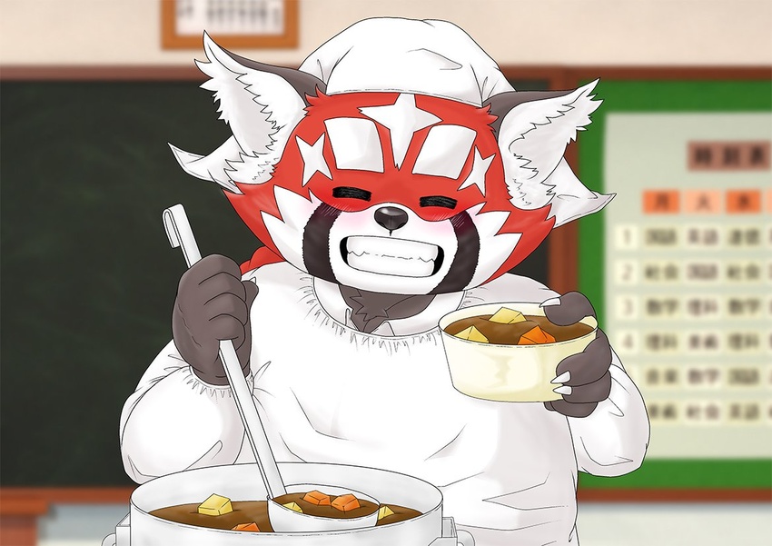 2021 ailurid anthro blurred_background closed_eyes clothed clothing cooking detailed_background digital_drawing_(artwork) digital_media_(artwork) food front_view humanoid_hands inside kemono lifewonders mammal mijinko mijinkoooknijim red_body red_panda smile smiling_at_viewer solo tokyo_afterschool_summoners young zhurong_(tas)