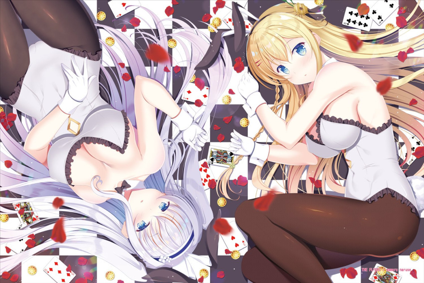 2girls animal_ears bad_id bad_twitter_id bare_arms bare_shoulders blonde_hair blue_eyes blurry bow bowtie braid breasts brown_legwear card checkered_floor cleavage coin collarbone detached_collar fake_animal_ears flower_knight_girl frills gloves hair_ornament hair_spread_out hairband hairclip impossible_clothes impossible_leotard kinutasou_(flower_knight_girl) large_breasts leotard long_hair looking_at_viewer megi_(flower_knight_girl) multiple_girls naruse_mamoru pantyhose parted_lips petals playboy_bunny playing_card rabbit_ears sidelocks white_gloves white_hair white_leotard wrist_cuffs