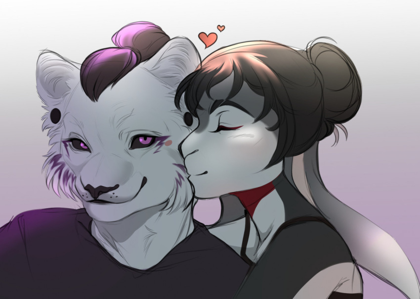 2021 anthro black_clothing black_hair black_sclera black_shirt black_topwear cheek_tuft clothing conditional_dnp digital_media_(artwork) duo ear_piercing facial_tuft felid female floppy_ears fur gauged_ear hair heart_symbol kissing_cheek lagomorph leporid lop_ears male male/female mammal mo'nique_(wolfbane154) piercing purple_eyes rabbit romantic romantic_couple shaded shirt topwear tuft white_body white_fur wolfbane154